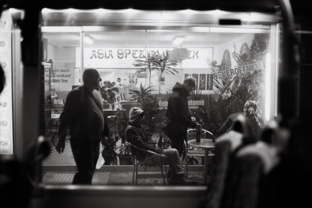 Black and white photo street photography Asia store Berlin night